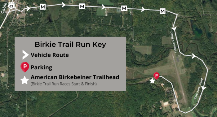 Birkie Trail Run Vehicle Route and Parking Map