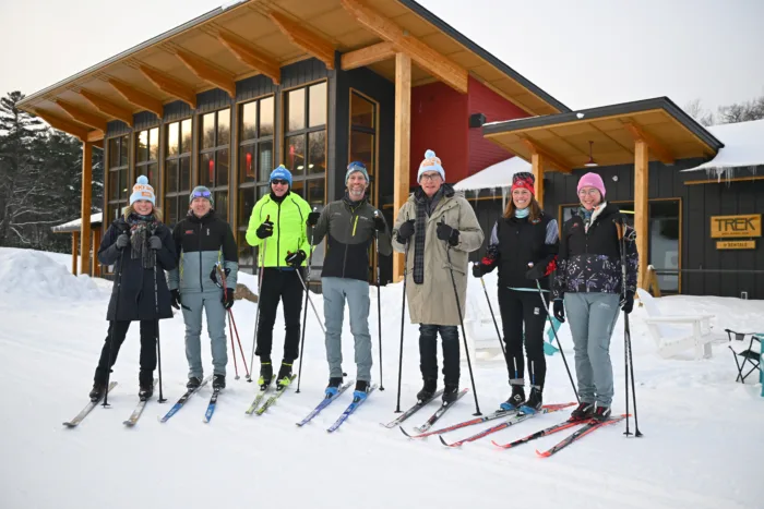 From left: Sec. Anne Sayers, ABSF Executive Director Ben Popp, Spirit of 35 skier Jim Shattuck, ABSF Marketing Director Shawn Connelly, Gov. Tony Evers, Dr. Kate Eichten, and ABSF Development Director Louise Droessler